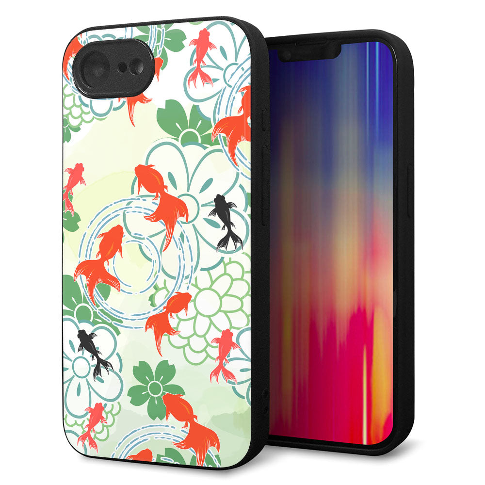 iPhone16e 強化ガラス＆TPUスマホケース ガラプリ【HA218 金魚 花柄 グリーン】
