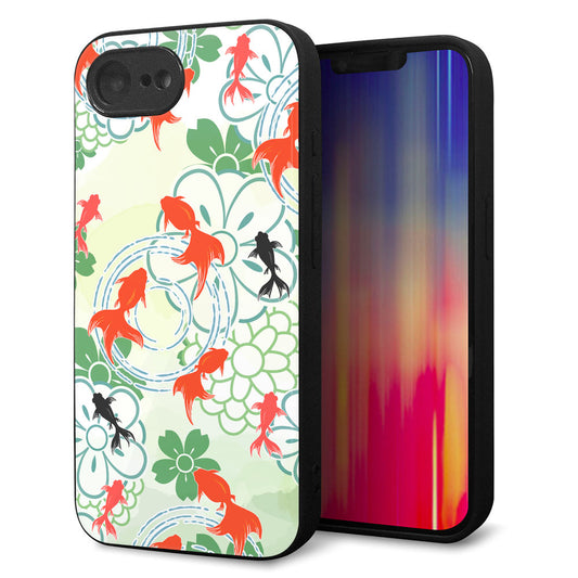 iPhone16e 強化ガラス＆TPUスマホケース ガラプリ【HA218 金魚 花柄 グリーン】