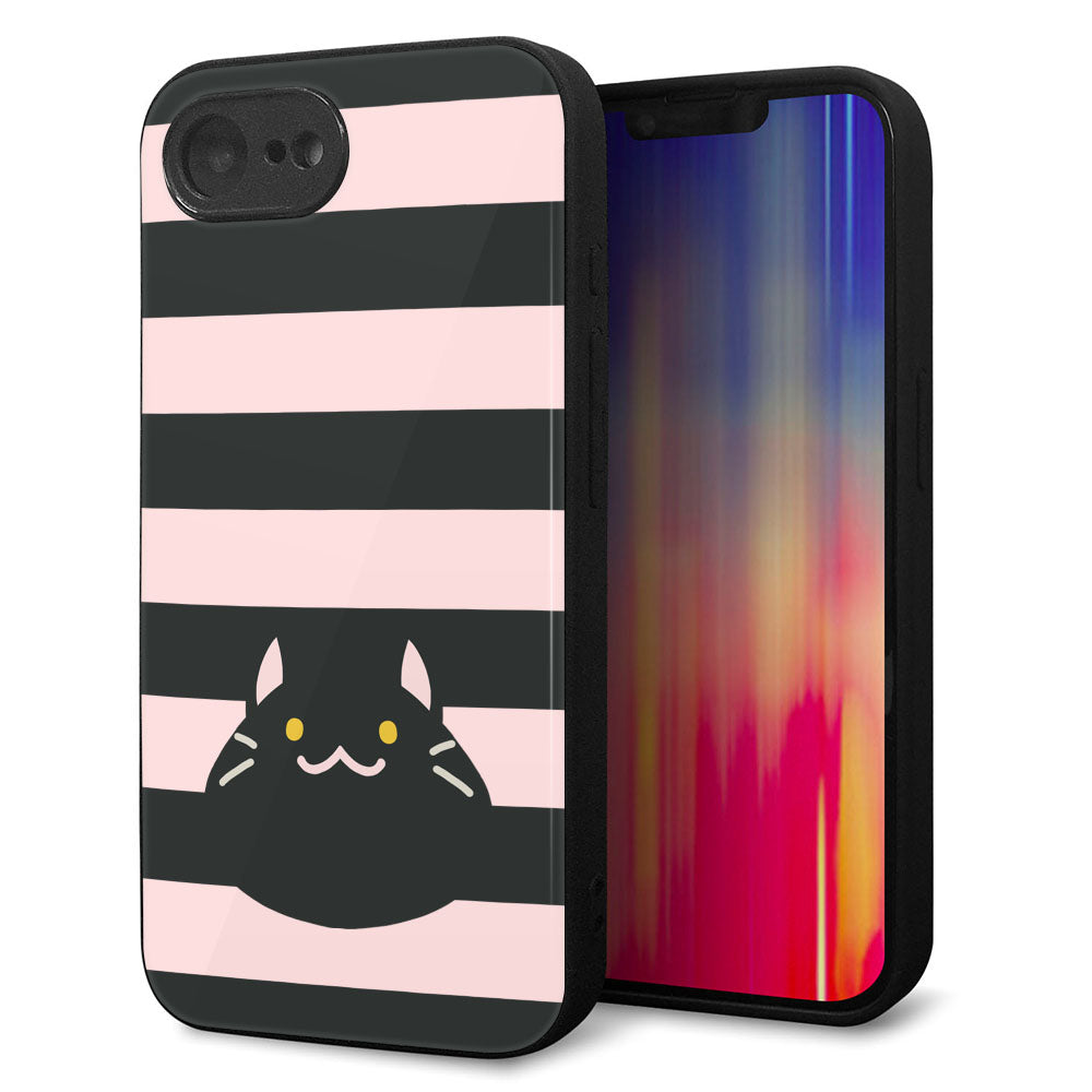 iPhone16e 強化ガラス＆TPUスマホケース ガラプリ【HA249 もちねこ クロ】