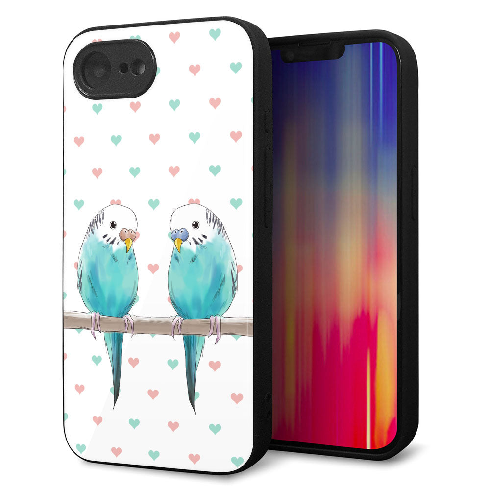 iPhone16e 強化ガラス＆TPUスマホケース ガラプリ【HA272 インコブルー ハート】