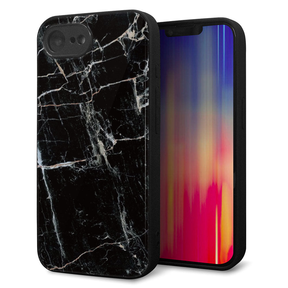 iPhone16e 強化ガラス＆TPUスマホケース ガラプリ【KM867 大理石BK】