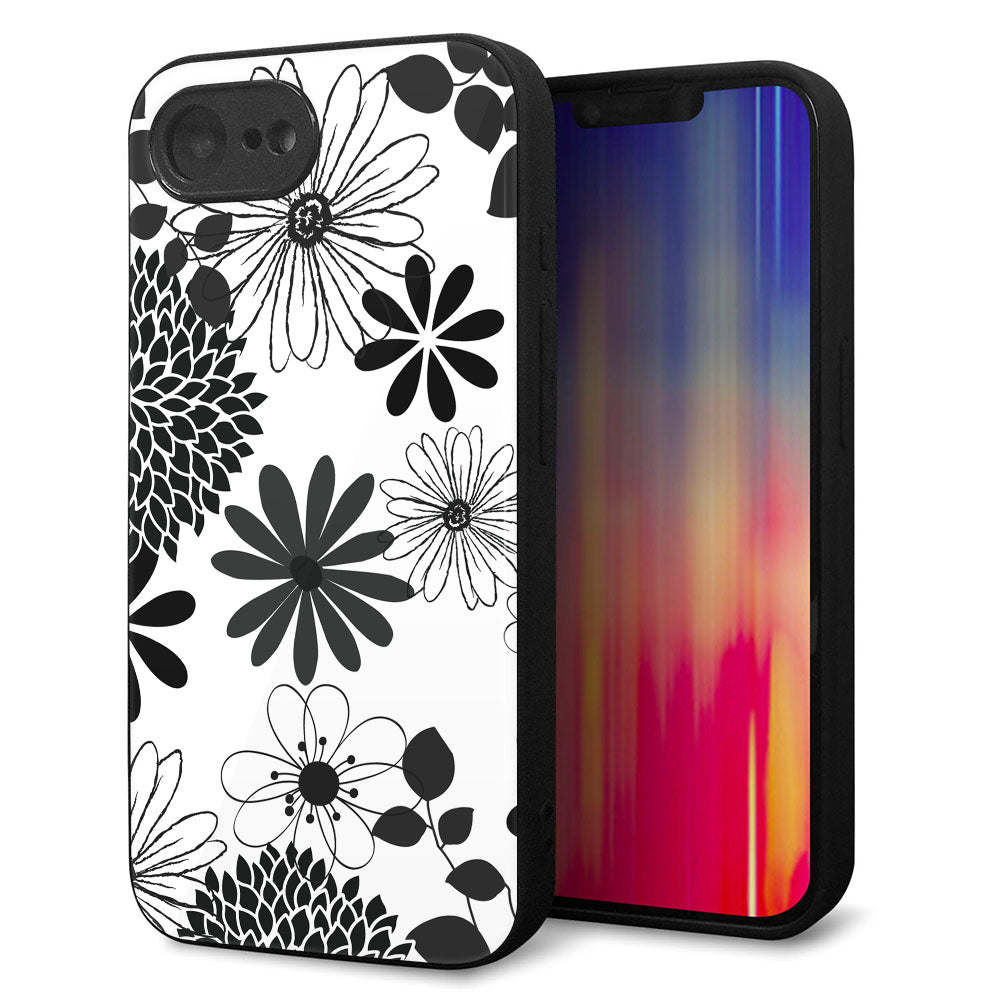 iPhone16e 強化ガラス＆TPUスマホケース ガラプリ【SC912 花柄モノトーン 01】