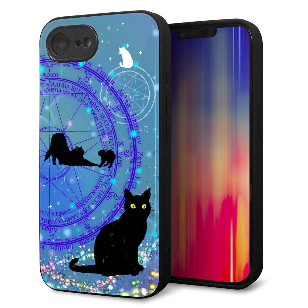 iPhone16e 強化ガラス＆TPUスマホケース ガラプリ【YJ327 魔法陣猫 キラキラ かわいい】