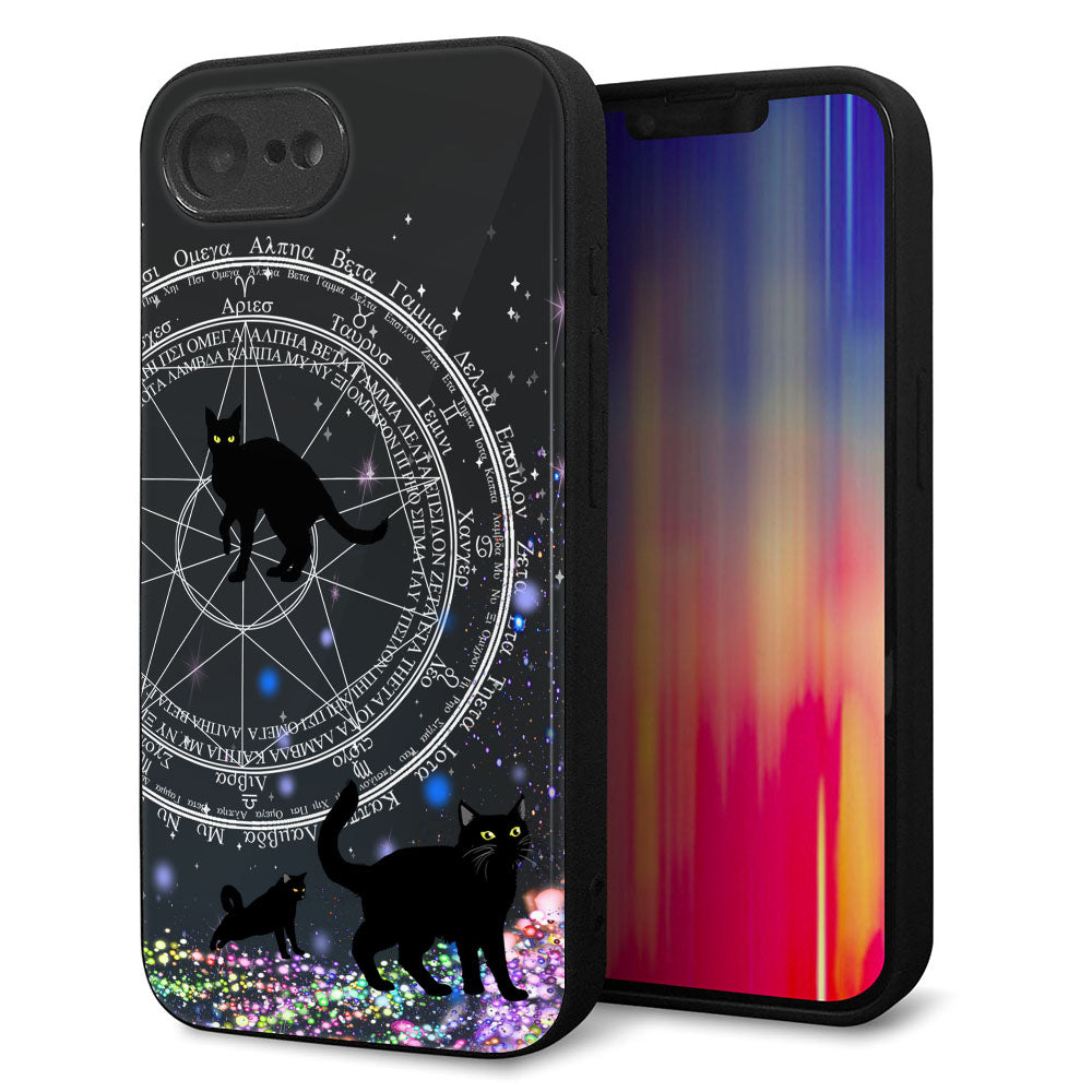 iPhone16e 強化ガラス＆TPUスマホケース ガラプリ【YJ330 魔法陣猫 キラキラ 黒猫】