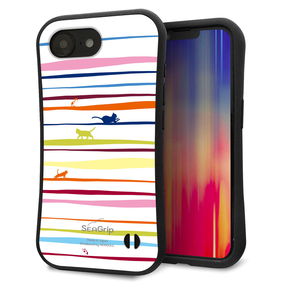 iPhone16e スマホケース 「SEA Grip」 グリップケース Sライン 【YA893 ストライプネコ02 L】 UV印刷