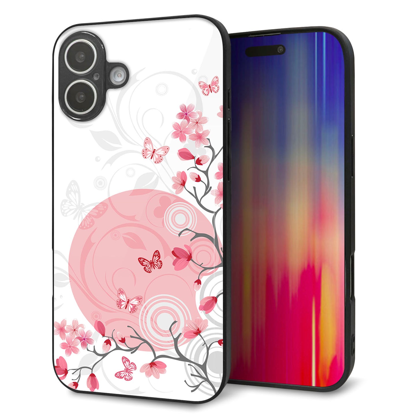iPhone16 Plus 強化ガラス＆TPUスマホケース ガラプリ【030 花と蝶（うす桃色）】