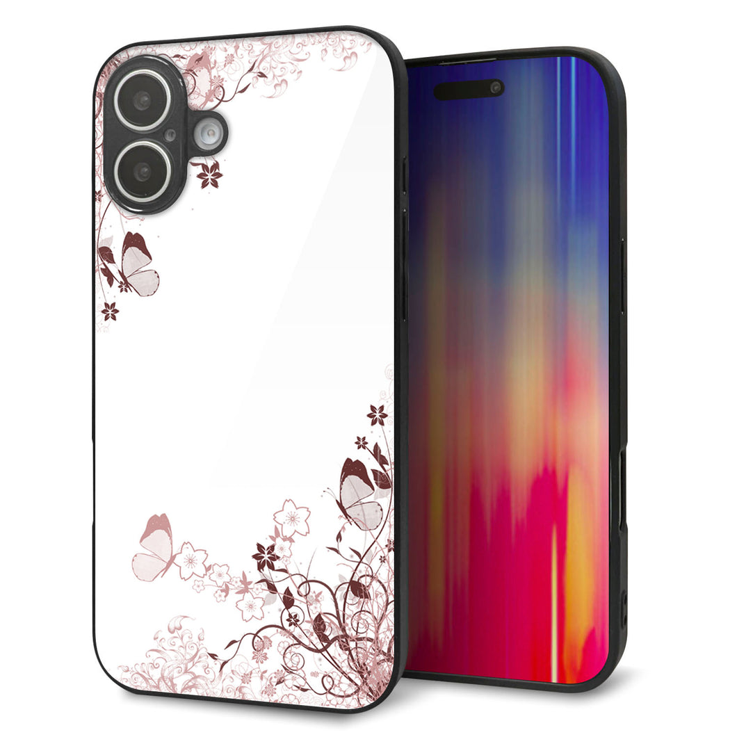 iPhone16 Plus 強化ガラス＆TPUスマホケース ガラプリ【142 桔梗と桜と蝶】