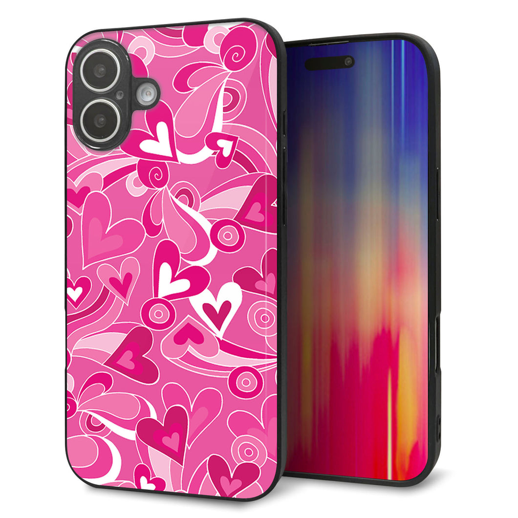 iPhone16 Plus 強化ガラス＆TPUスマホケース ガラプリ【383 ピンクのハート】
