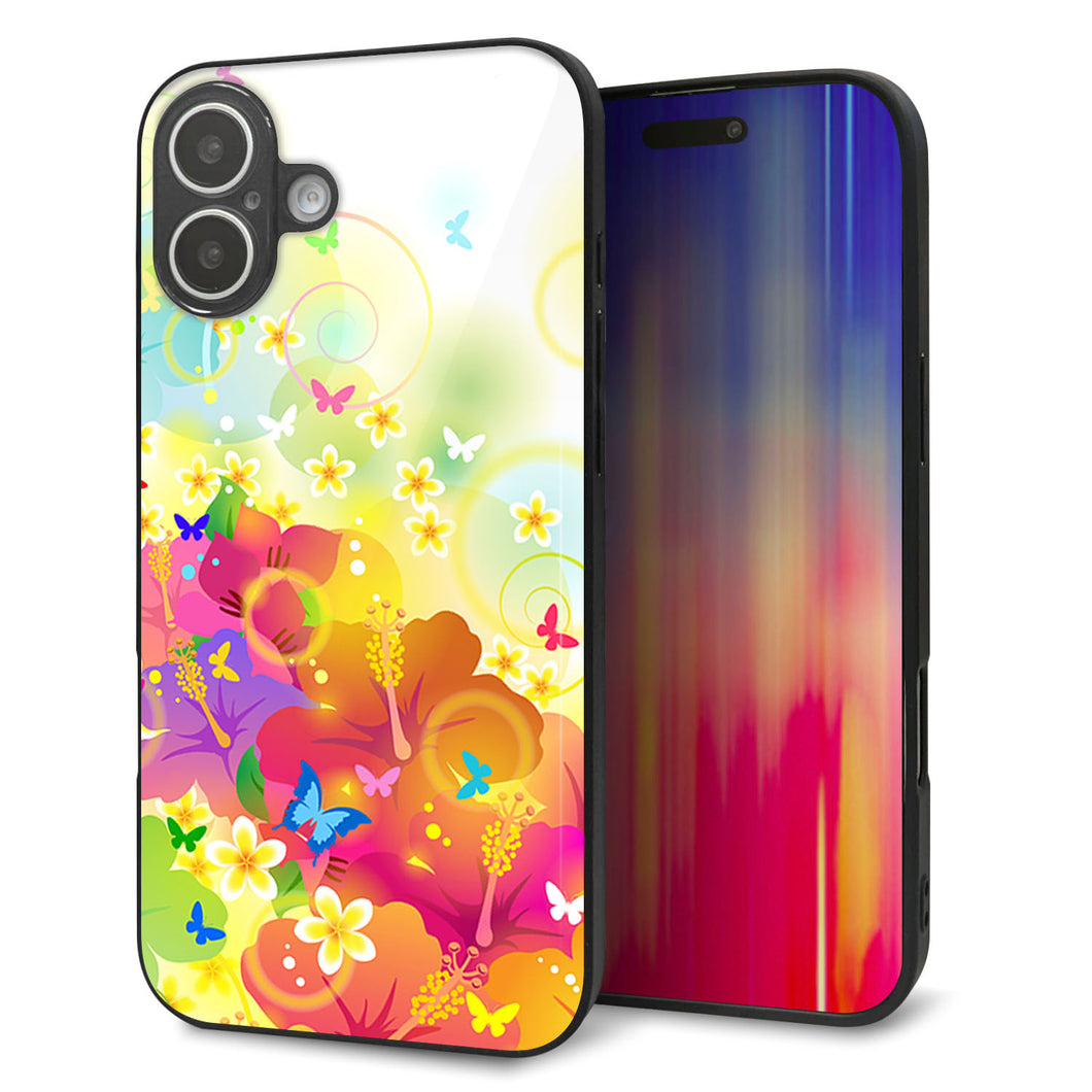 iPhone16 Plus 強化ガラス＆TPUスマホケース ガラプリ【647 ハイビスカスと蝶】