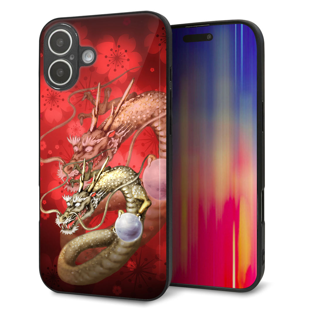 iPhone16 Plus 強化ガラス＆TPUスマホケース ガラプリ【1004 桜と龍】