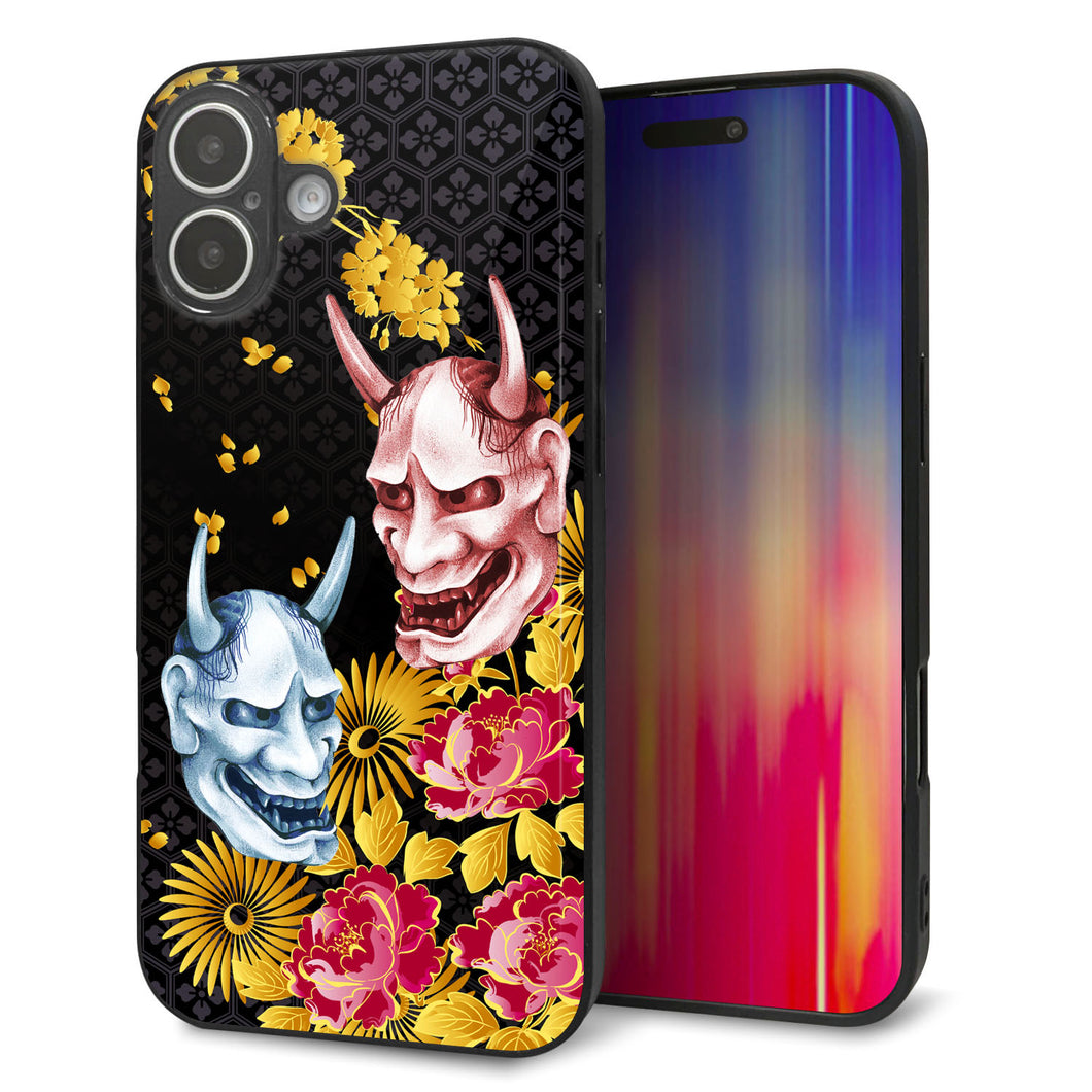 iPhone16 Plus 強化ガラス＆TPUスマホケース ガラプリ【1024 般若と牡丹2】