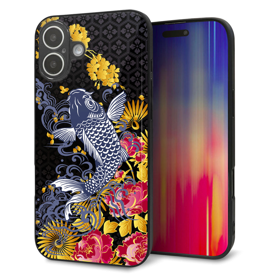 iPhone16 Plus 強化ガラス＆TPUスマホケース ガラプリ【1028 牡丹と鯉】