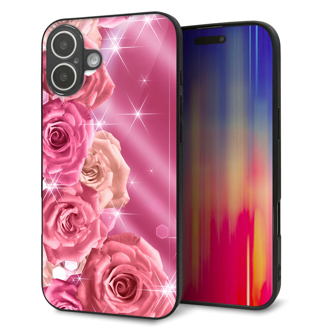 iPhone16 Plus 強化ガラス＆TPUスマホケース ガラプリ【1182 ピンクの薔薇に誘われて】