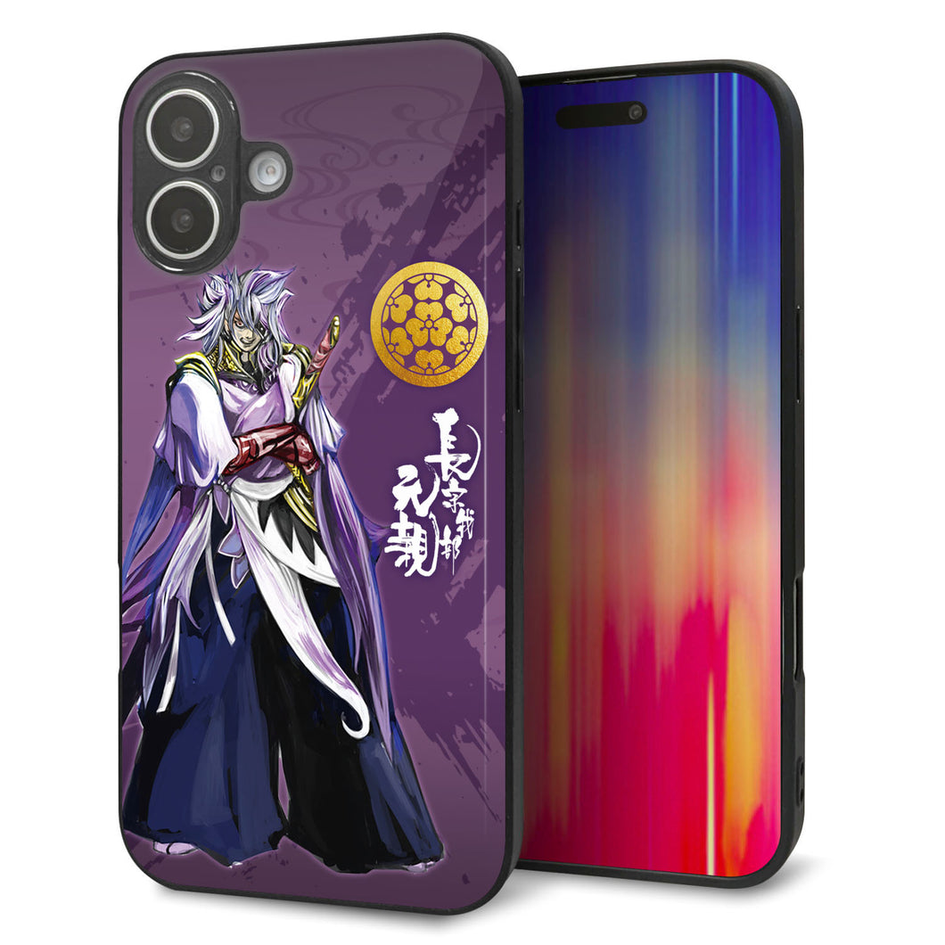 iPhone16 Plus 強化ガラス＆TPUスマホケース ガラプリ【AB805 長宗我部 元親 イラストと家紋】