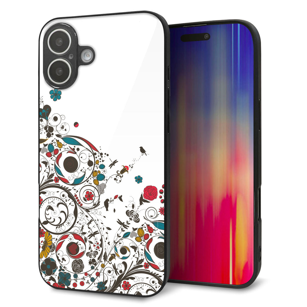 iPhone16 Plus 強化ガラス＆TPUスマホケース ガラプリ【EK908 カラフルな花と鳥】