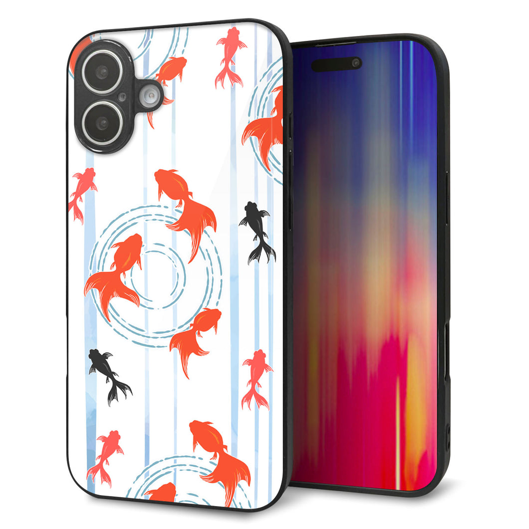 iPhone16 Plus 強化ガラス＆TPUスマホケース ガラプリ【HA210 金魚 水彩ストライプ ブルー】