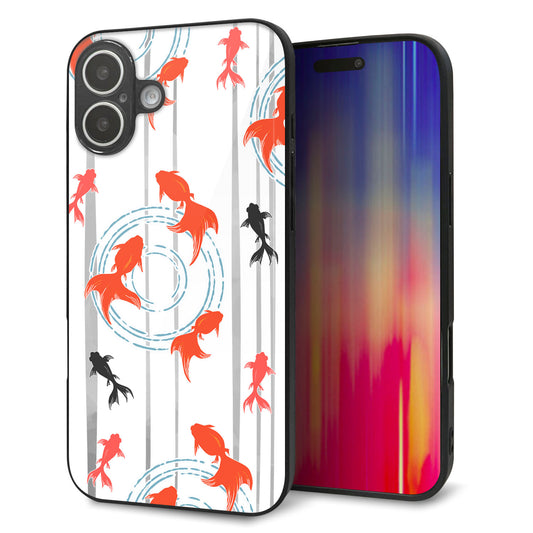 iPhone16 Plus 強化ガラス＆TPUスマホケース ガラプリ【HA211 金魚 水彩ストライプ グレー】
