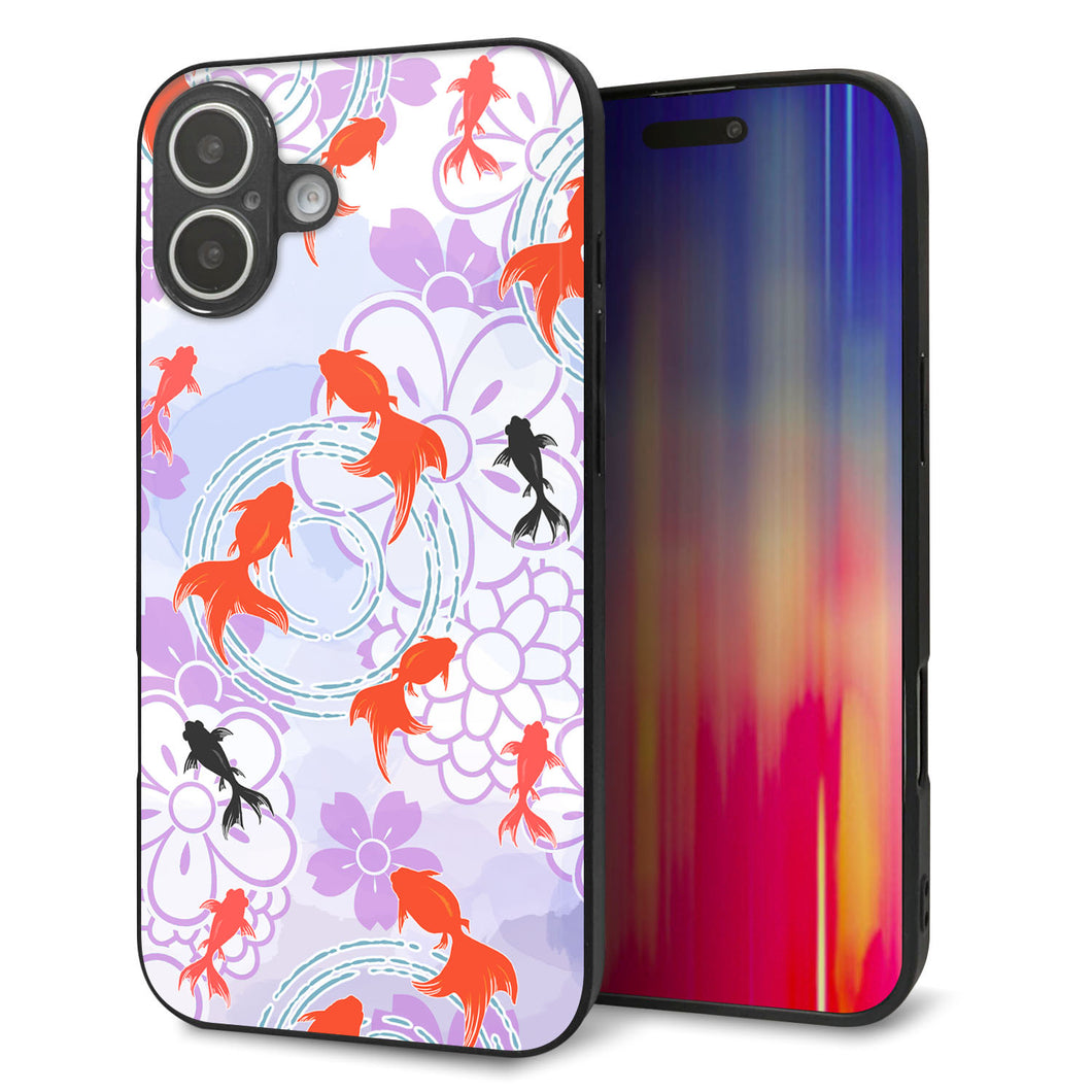 iPhone16 Plus 強化ガラス＆TPUスマホケース ガラプリ【HA214 金魚 花柄 パープル】