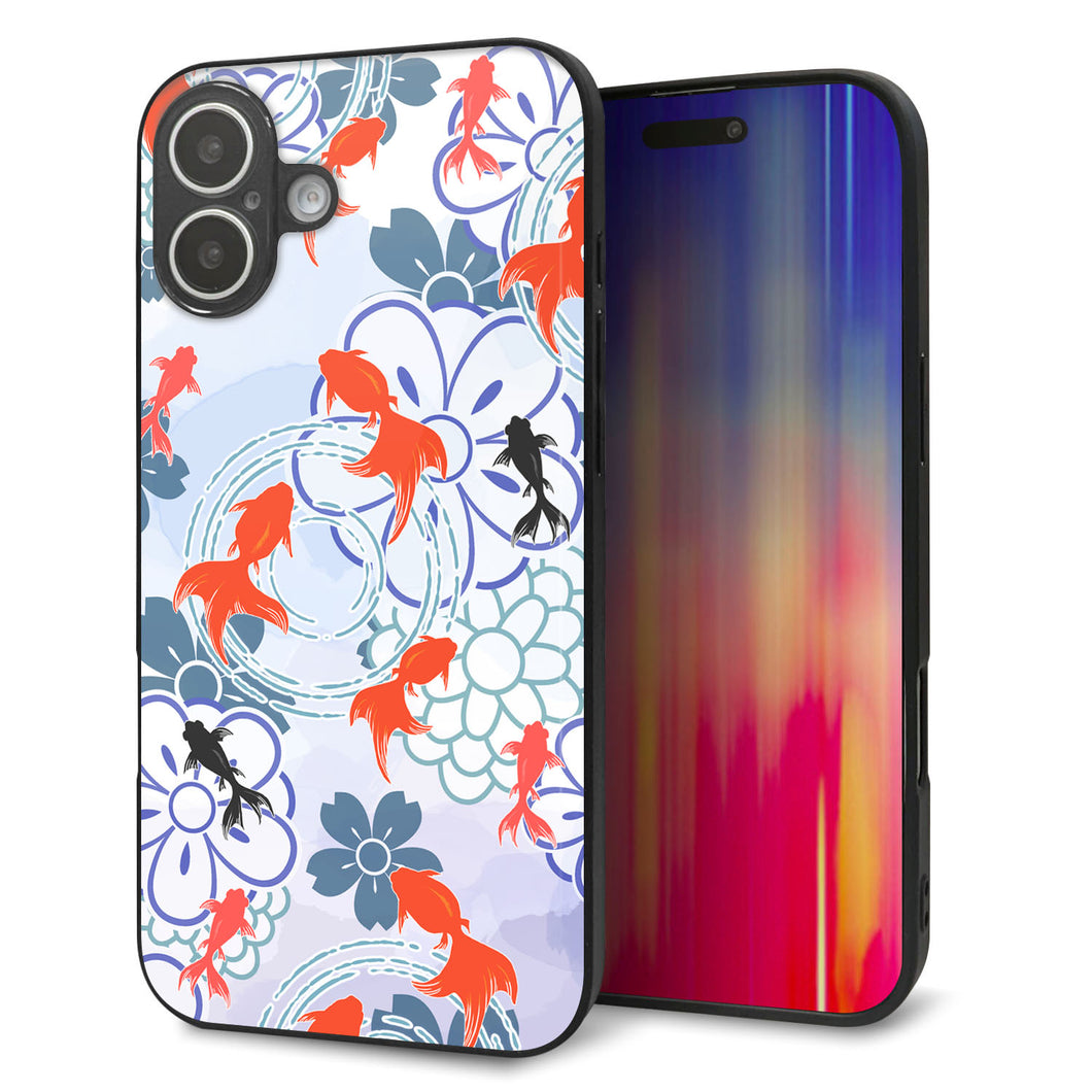 iPhone16 Plus 強化ガラス＆TPUスマホケース ガラプリ【HA215 金魚 花柄 ブルー】