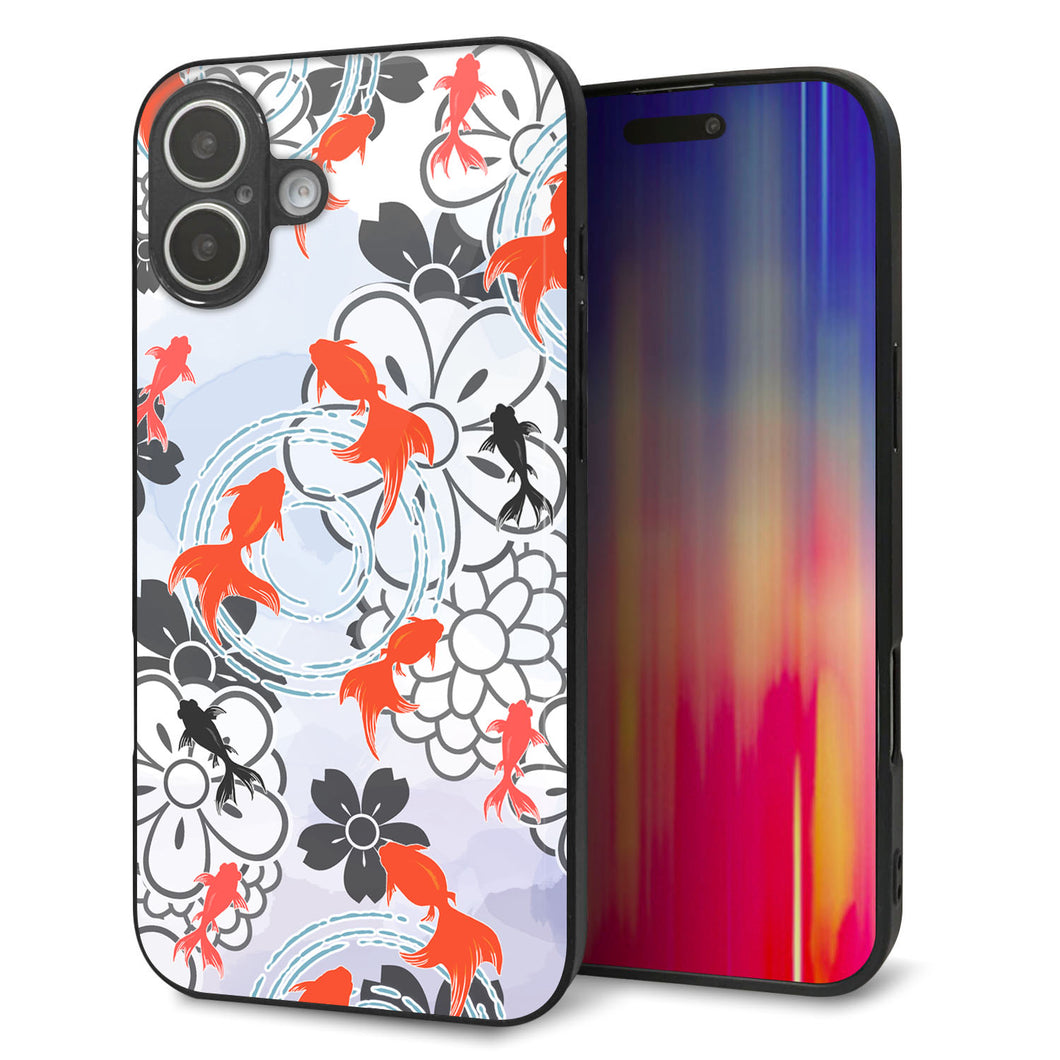 iPhone16 Plus 強化ガラス＆TPUスマホケース ガラプリ【HA216 金魚 花柄 グレー】