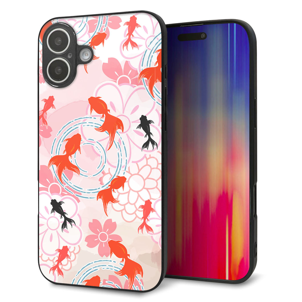iPhone16 Plus 強化ガラス＆TPUスマホケース ガラプリ【HA217 金魚 花柄 ピンク】