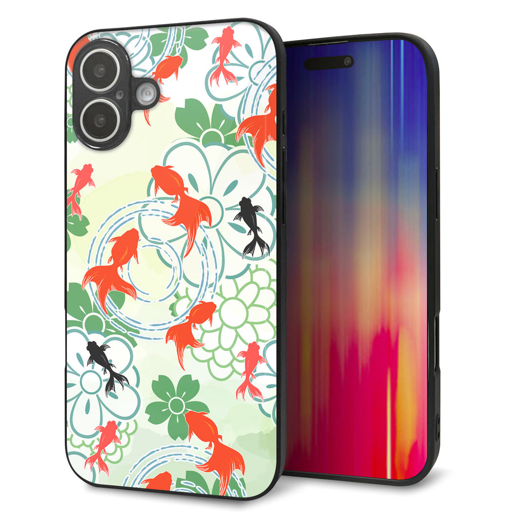 iPhone16 Plus 強化ガラス＆TPUスマホケース ガラプリ【HA218 金魚 花柄 グリーン】