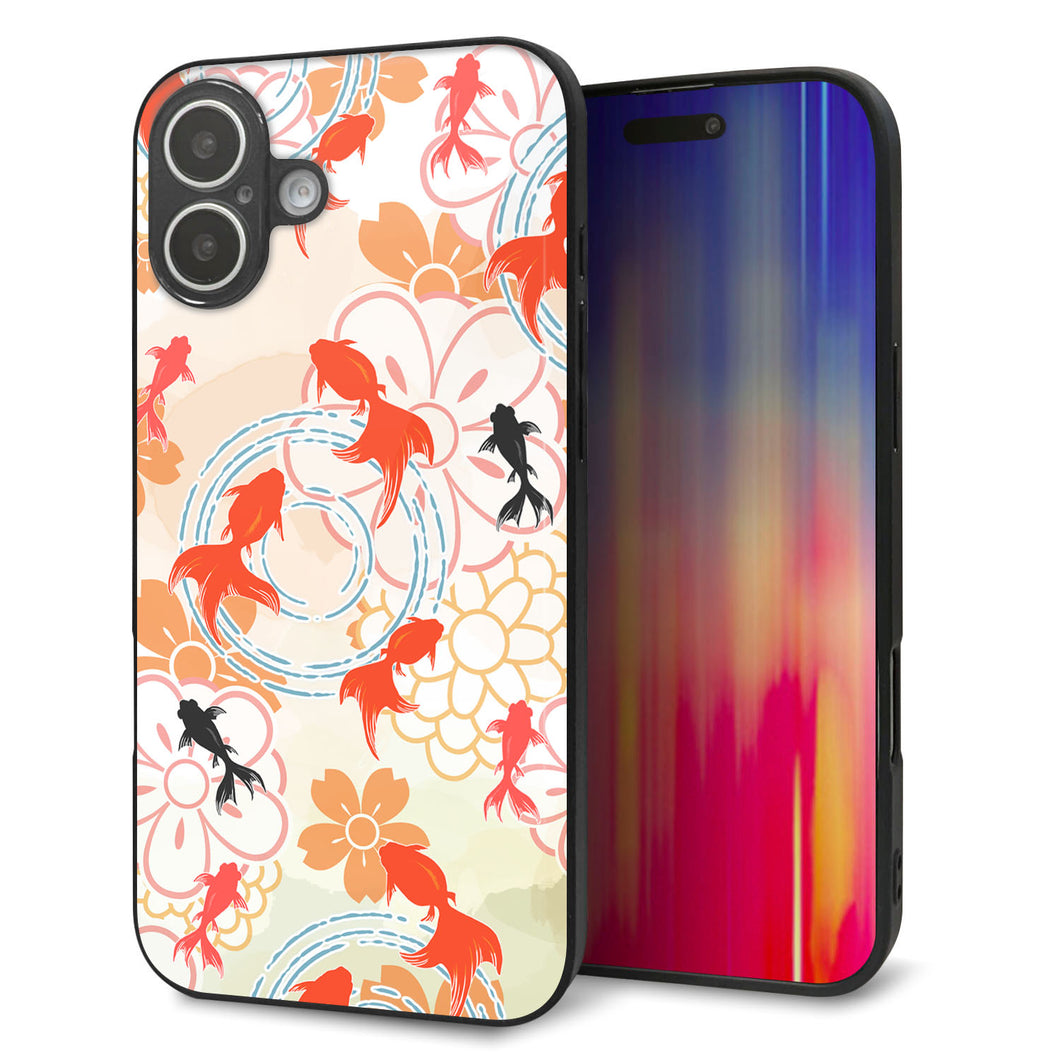 iPhone16 Plus 強化ガラス＆TPUスマホケース ガラプリ【HA219 金魚 花柄 オレンジ】