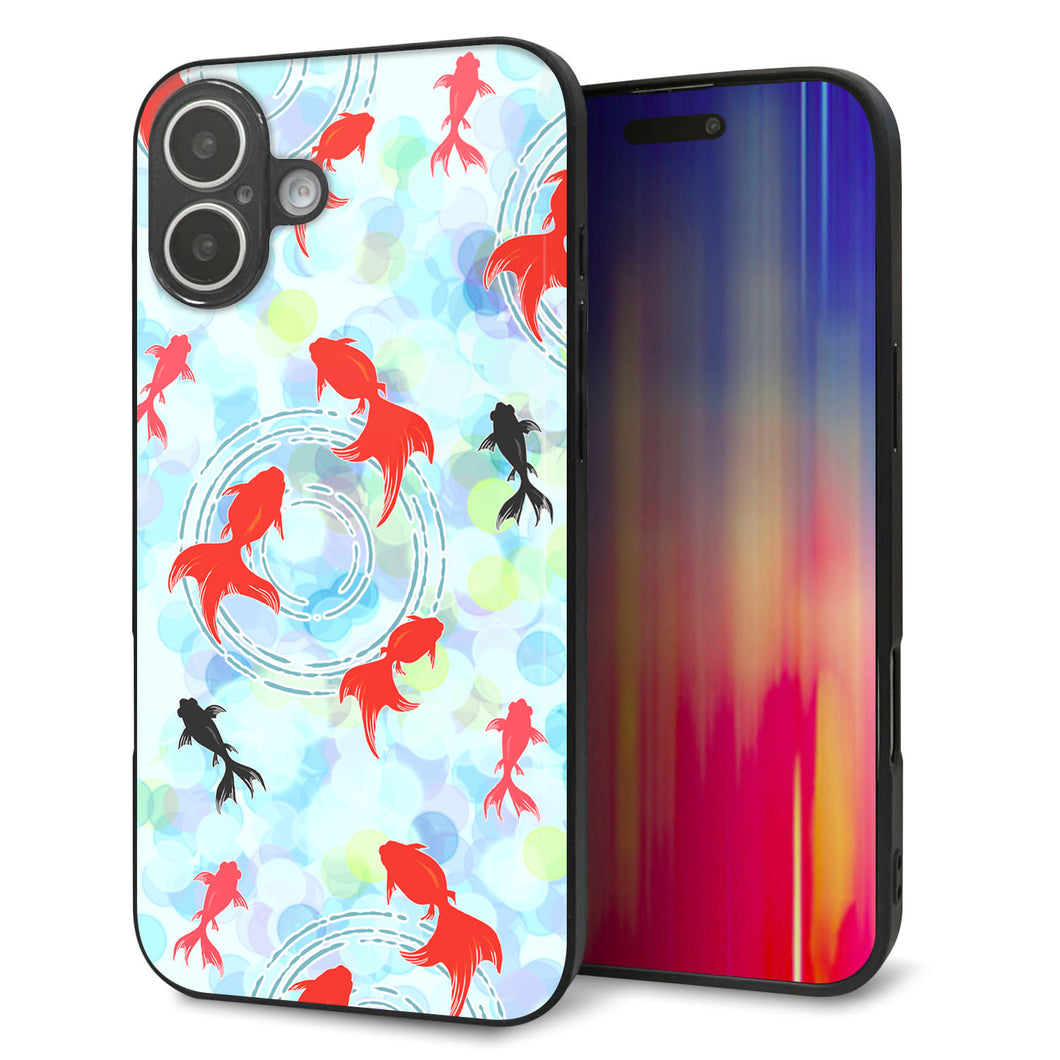 iPhone16 Plus 強化ガラス＆TPUスマホケース ガラプリ【HA221 金魚 点々 ブルー】