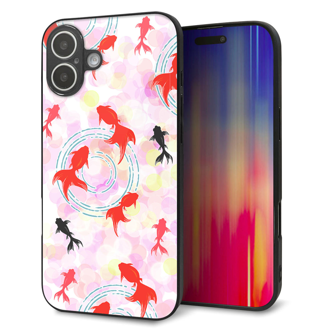 iPhone16 Plus 強化ガラス＆TPUスマホケース ガラプリ【HA222 金魚 点々 ピンク】