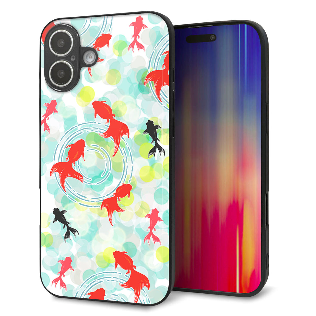 iPhone16 Plus 強化ガラス＆TPUスマホケース ガラプリ【HA223 金魚 点々 グリーン】