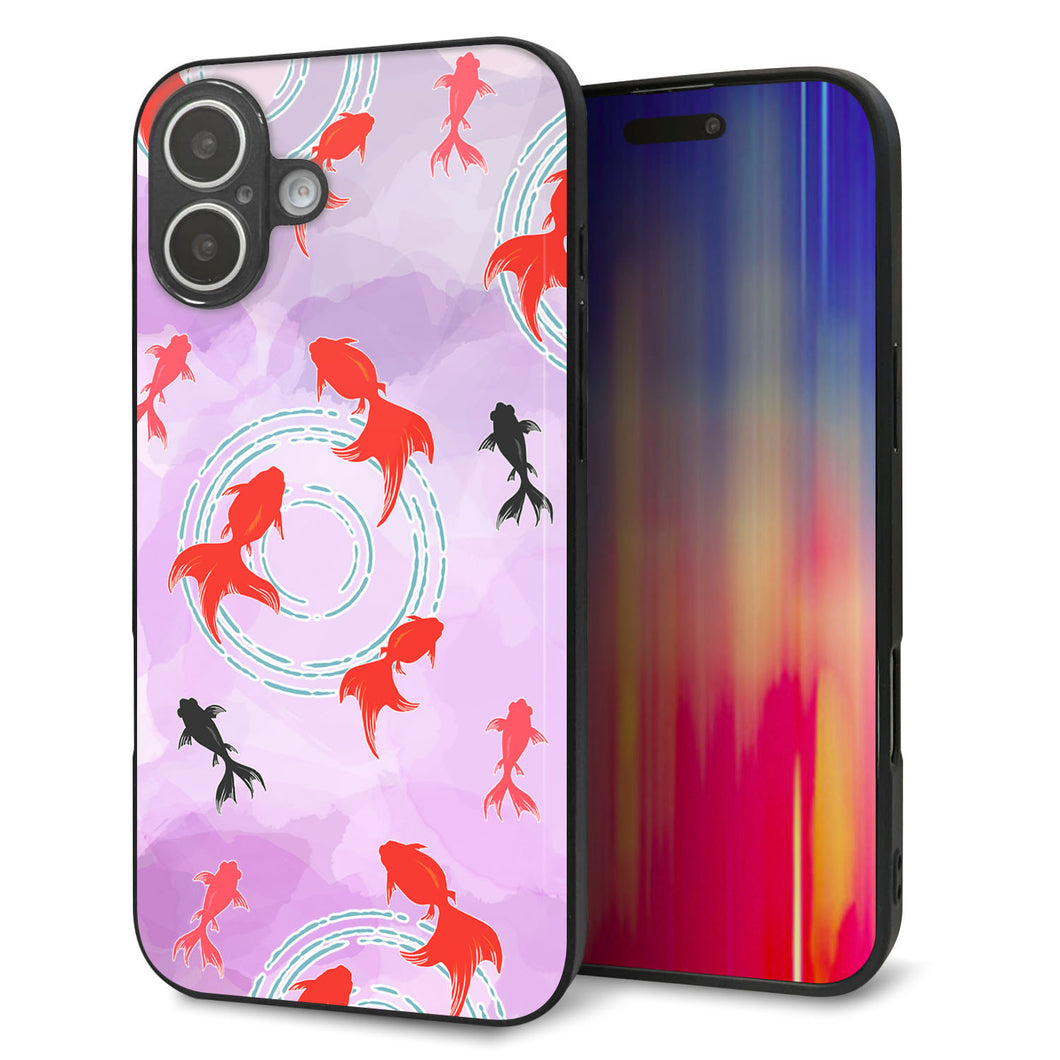 iPhone16 Plus 強化ガラス＆TPUスマホケース ガラプリ【HA225 金魚 水彩 パープル】