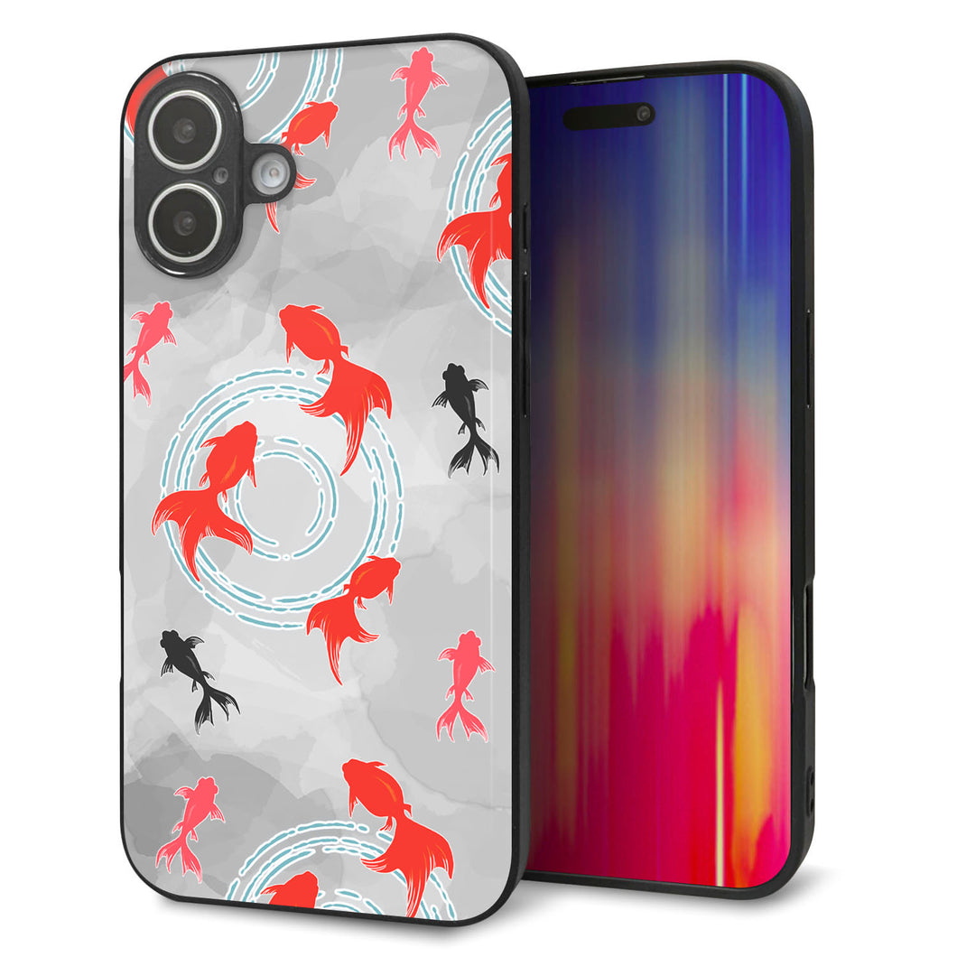 iPhone16 Plus 強化ガラス＆TPUスマホケース ガラプリ【HA227 金魚 水彩 グレー】
