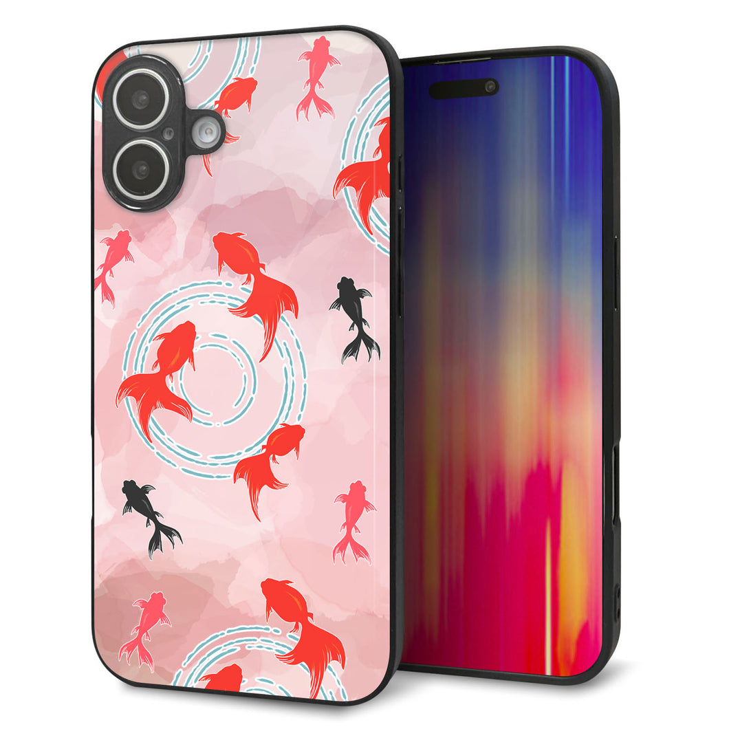 iPhone16 Plus 強化ガラス＆TPUスマホケース ガラプリ【HA228 金魚 水彩 ピンク】