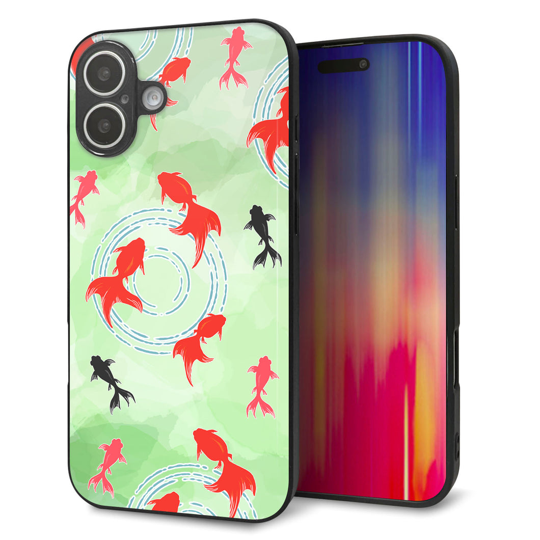 iPhone16 Plus 強化ガラス＆TPUスマホケース ガラプリ【HA229 金魚 水彩 グリーン】