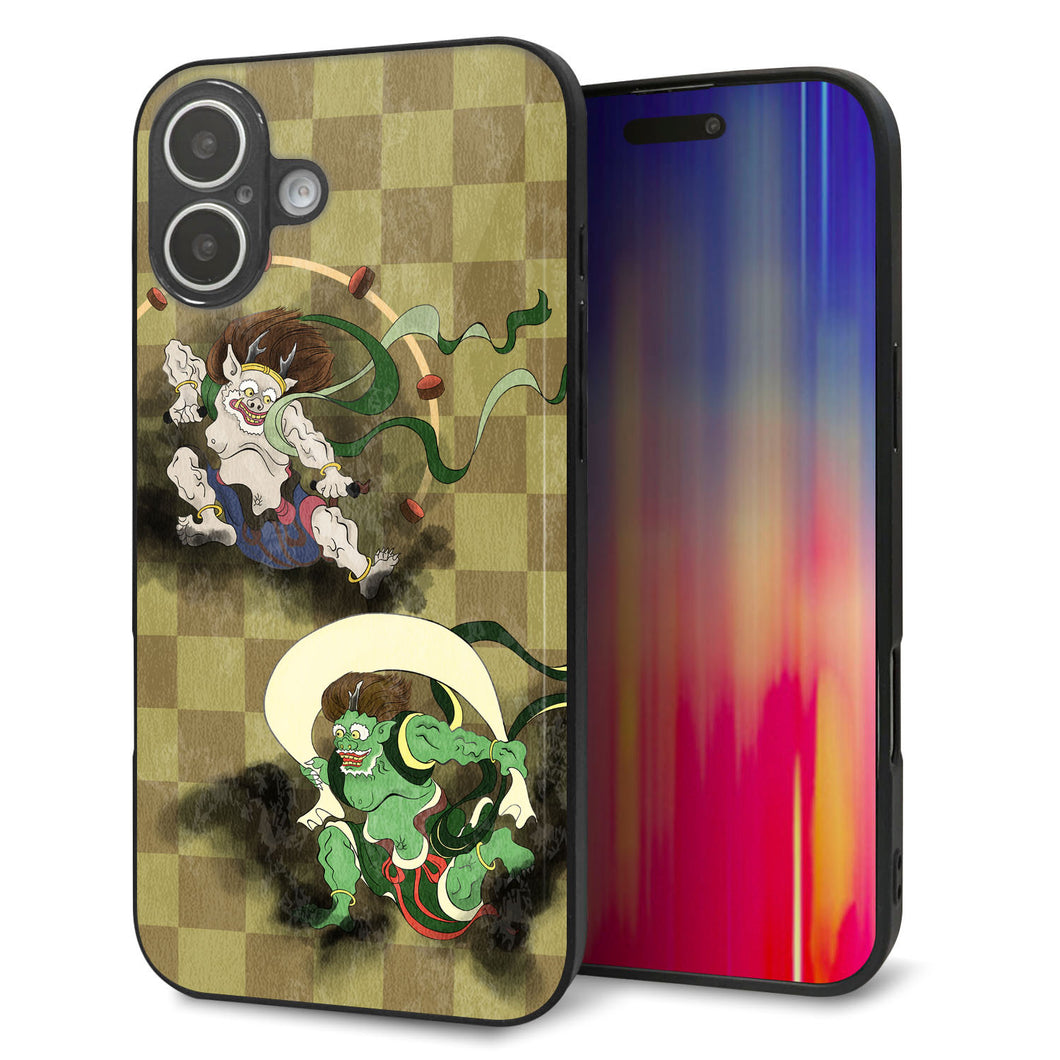 iPhone16 Plus 強化ガラス＆TPUスマホケース ガラプリ【HA236 風神雷神 金市松】