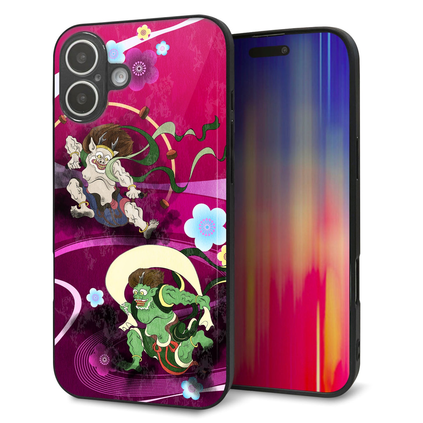 iPhone16 Plus 強化ガラス＆TPUスマホケース ガラプリ【HA237 風神雷神 紫の川】
