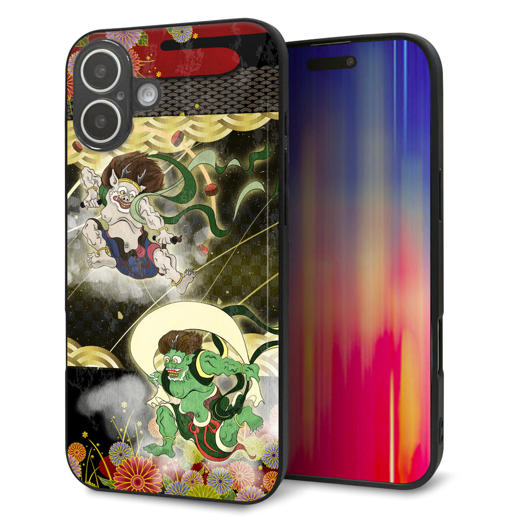 iPhone16 Plus 強化ガラス＆TPUスマホケース ガラプリ【HA238 風神雷神 和柄】
