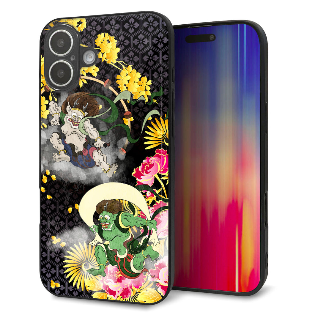 iPhone16 Plus 強化ガラス＆TPUスマホケース ガラプリ【HA239 風神雷神 牡丹】