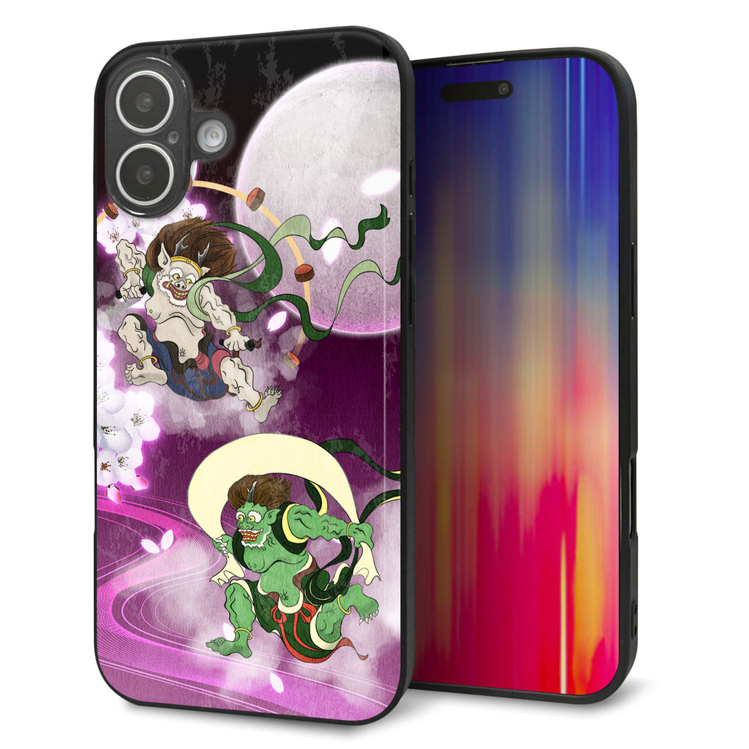 iPhone16 Plus 強化ガラス＆TPUスマホケース ガラプリ【HA240 風神雷神 紫の月と桜】