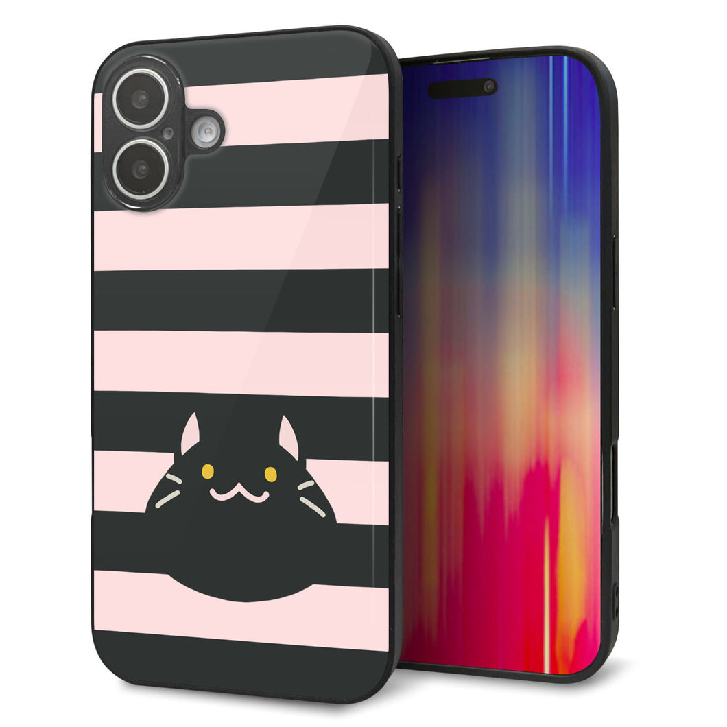 iPhone16 Plus 強化ガラス＆TPUスマホケース ガラプリ【HA249 もちねこ クロ】