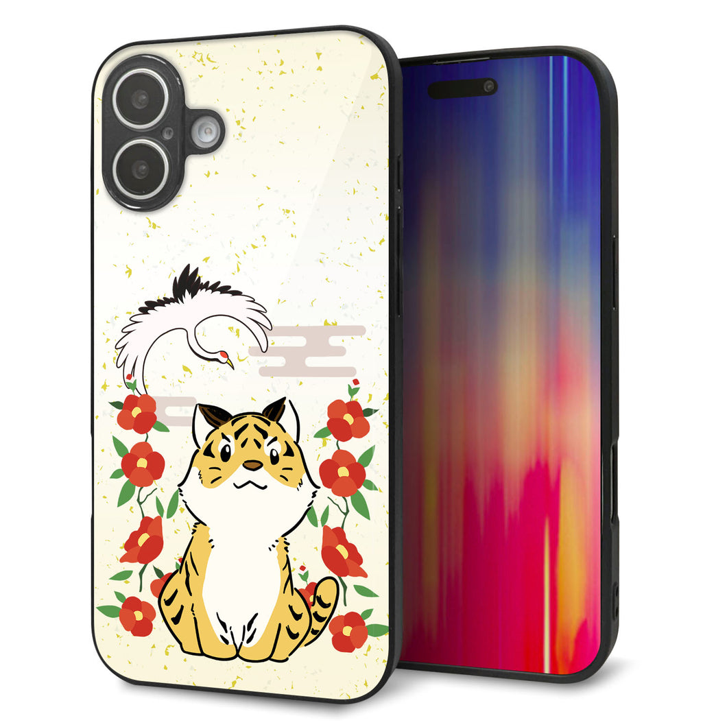 iPhone16 Plus 強化ガラス＆TPUスマホケース ガラプリ【HA251 虎と鶴】