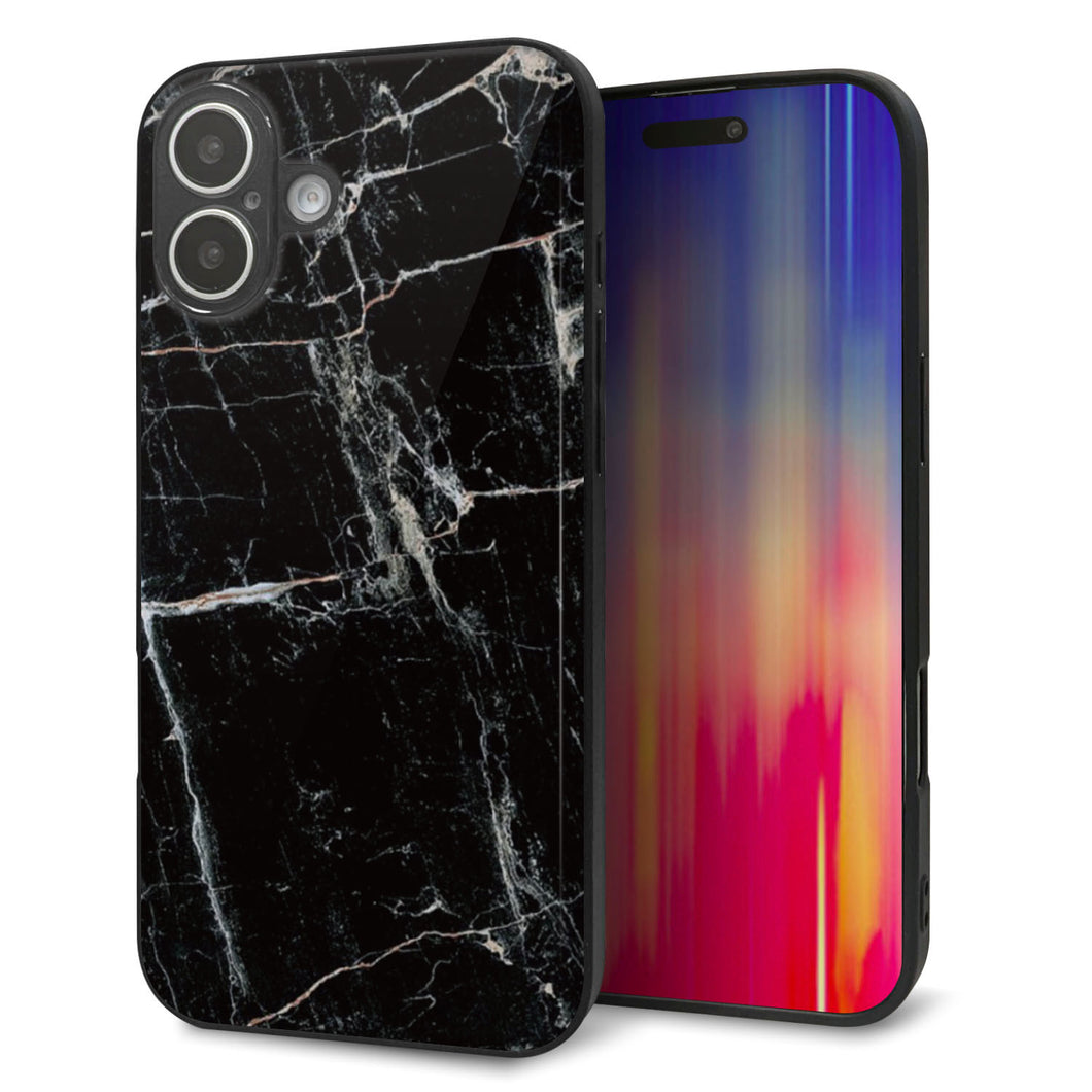 iPhone16 Plus 強化ガラス＆TPUスマホケース ガラプリ【KM867 大理石BK】