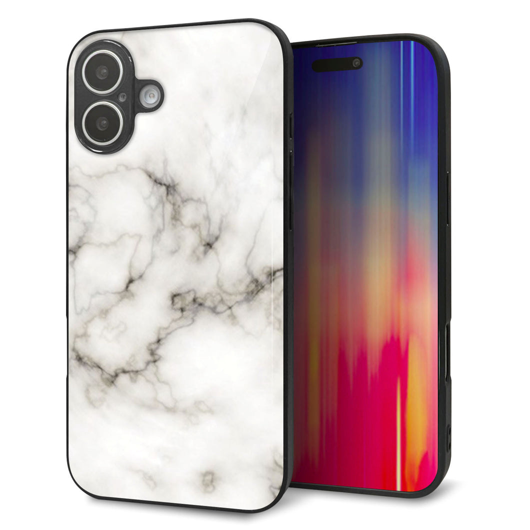 iPhone16 Plus 強化ガラス＆TPUスマホケース ガラプリ【KM871 大理石WH】