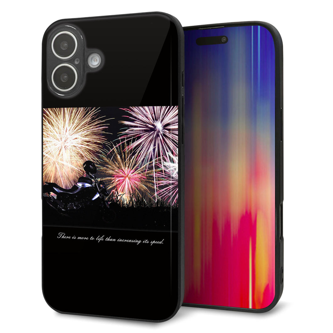 iPhone16 Plus 強化ガラス＆TPUスマホケース ガラプリ【KM878 バイクと花火】