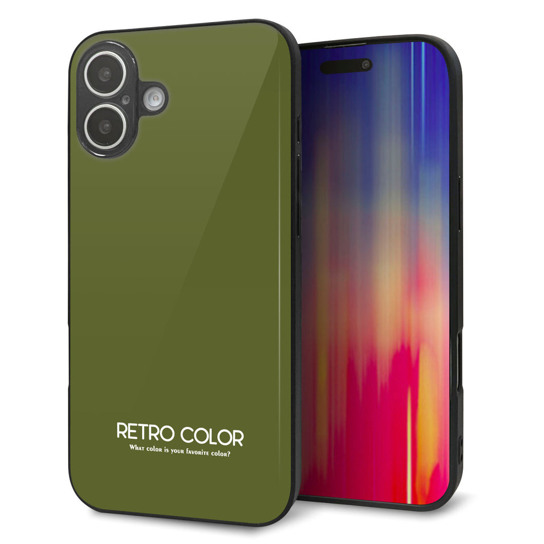 iPhone16 Plus 強化ガラス＆TPUスマホケース ガラプリ【KM916 レトロカラー(カーキ)】