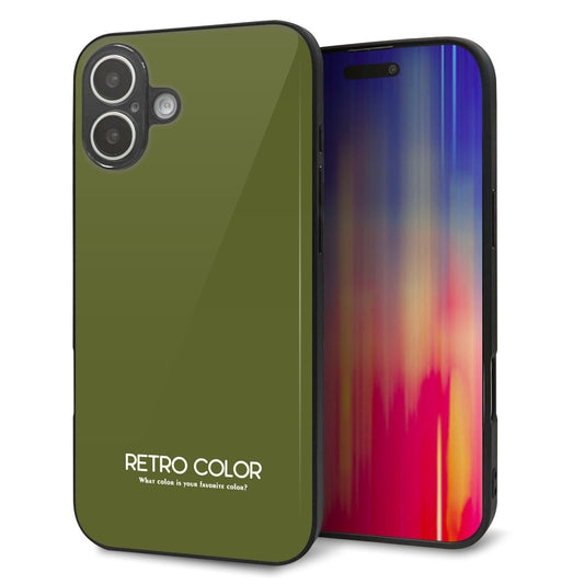 iPhone16 Plus 強化ガラス＆TPUスマホケース ガラプリ【KM916 レトロカラー(カーキ)】