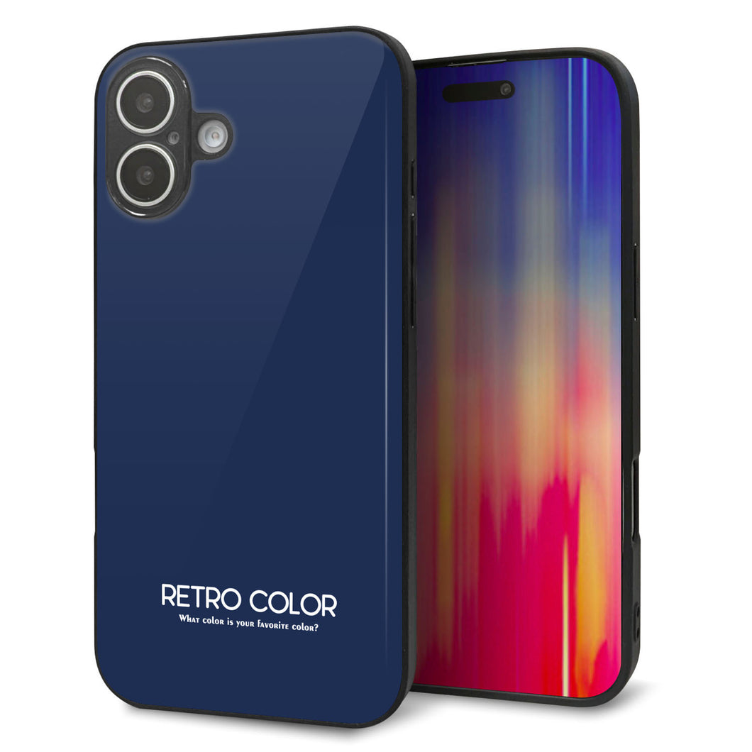 iPhone16 Plus 強化ガラス＆TPUスマホケース ガラプリ【KM918 レトロカラー(ネイビー)】