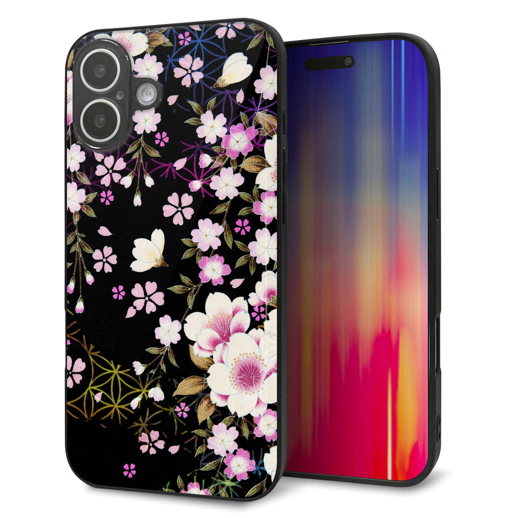 iPhone16 Plus 強化ガラス＆TPUスマホケース ガラプリ【MA961 和柄 花 C】