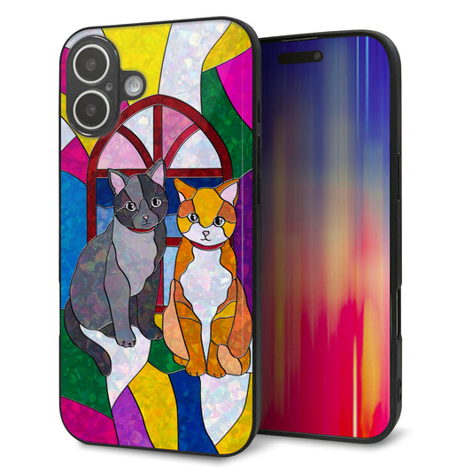 iPhone16 Plus 強化ガラス＆TPUスマホケース ガラプリ【MA995 ステンドグラス ネコ】