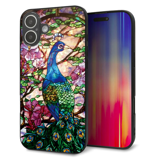 iPhone16 Plus 強化ガラス＆TPUスマホケース ガラプリ【MA996 ステンドグラス クジャク】